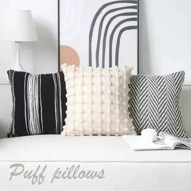 Three decorative decorbites chic pillow cover set in black white and cream with textured knit pattern for modern minimalist decor