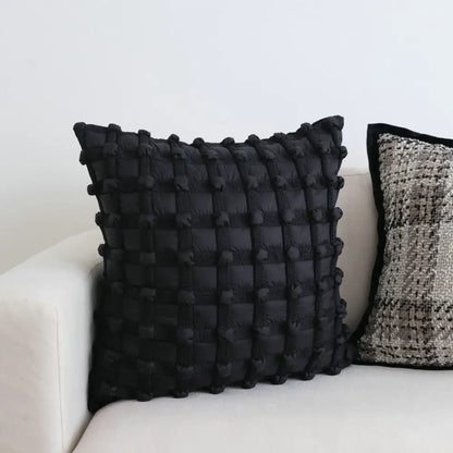 DecorBites™ chic pillow black quilted pillow cover set with textured woven pattern and pom-pom accents for modern decor