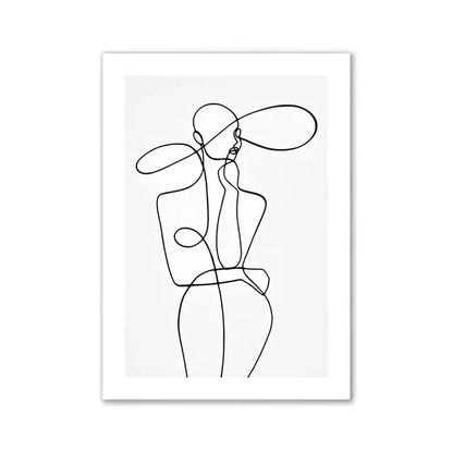 Black line art print of stylized figure with oversized hat in white frame for chic pink room wall art decor by DecorBites