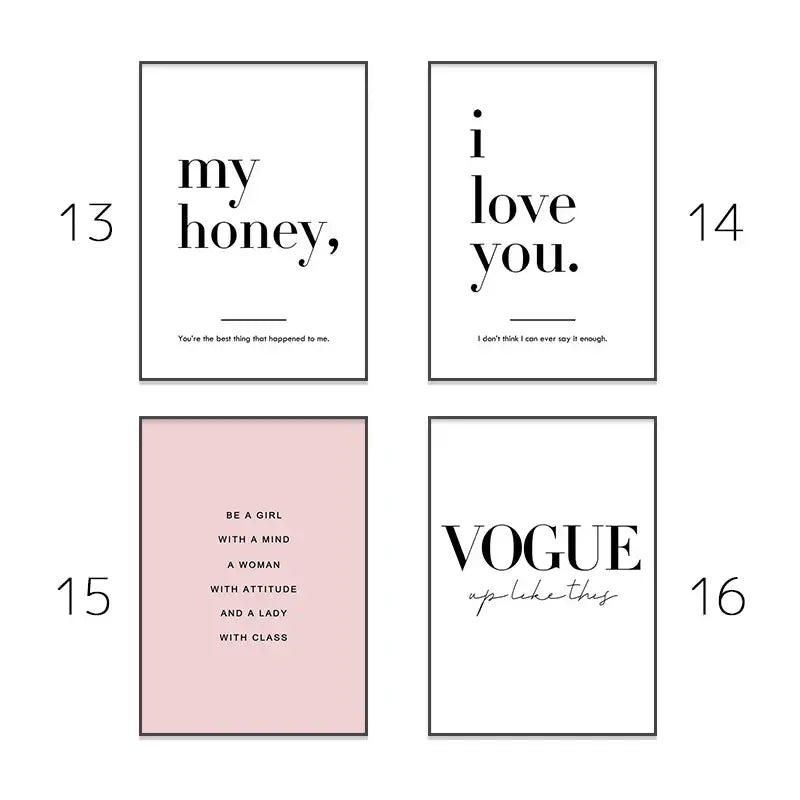 Set of four minimalist framed wall art prints with black text on white and blush pink backgrounds for chic pink room decor