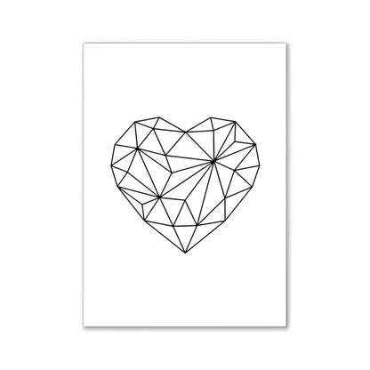 A minimalist black geometric heart wall art on white canvas for chic pink room decor by DecorBites™
