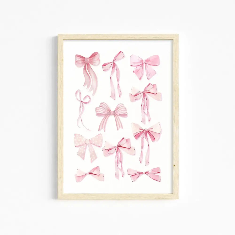 A framed decorbites™ chic pink wall art featuring delicate pink watercolor bows on a white background for girls room