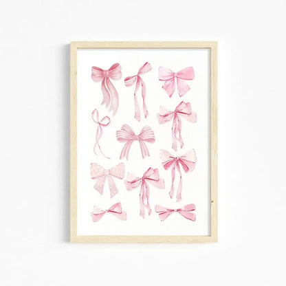 A framed watercolor illustration of pink bows in various styles on white background pink wall art for girls room