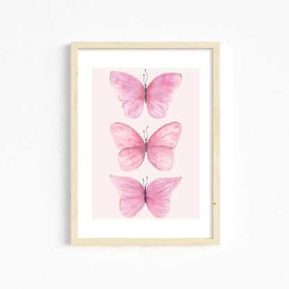 DecorBites™ chic pink wall art featuring three pink butterflies in a light wood frame for girls room wall art