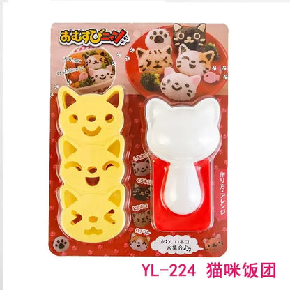 Decorbites chicken bear rice ball mold set with yellow and white plastic cat-shaped molds and matching spoon