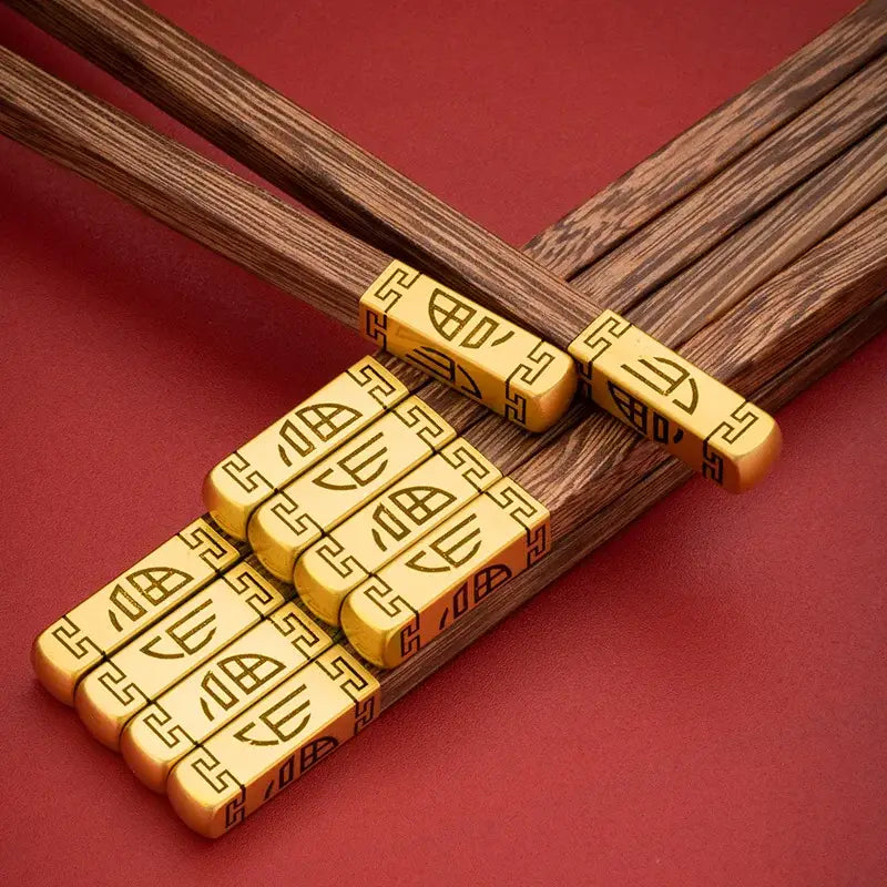 DecorBites™ chicken-wing wood chopsticks set with elegant golden engraved ends featuring traditional chinese characters