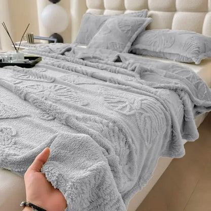 Soft gray plush throw blanket with textured raised leaf pattern decorbites chiffon butterfly jacquard for couch or bed