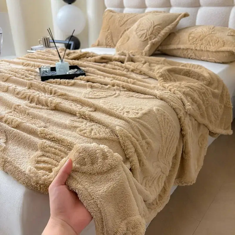 Beige decorbites chiffon butterfly jacquard throw blanket with raised floral embroidery and soft textured surface