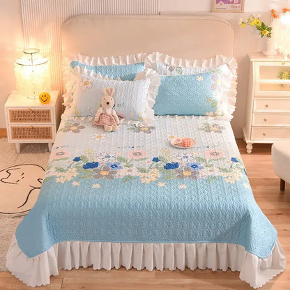 Decorbites chiffon quilted bed spread queen size cotton bedspread with light blue floral design and white ruffled edges