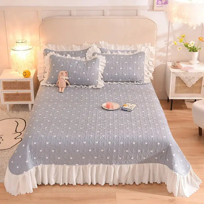 Gray cotton decorbites chiffon quilted bedspread with white heart patterns and ruffled edge queen size quilted bed spread