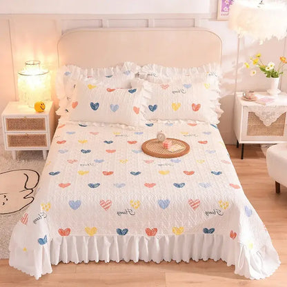 Decorbites chiffon quilted bedspread set queen size white cotton with colorful heart patterns and ruffled edges