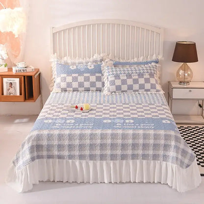 Blue and white checkered decorbites chiffon quilted bed spread queen size cotton with ruffled edges and floral embroidery