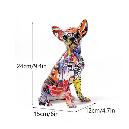 Vibrant chihuahua dog resin sculpture painted in bold multicolored patterns with glossy finish by DecorBites