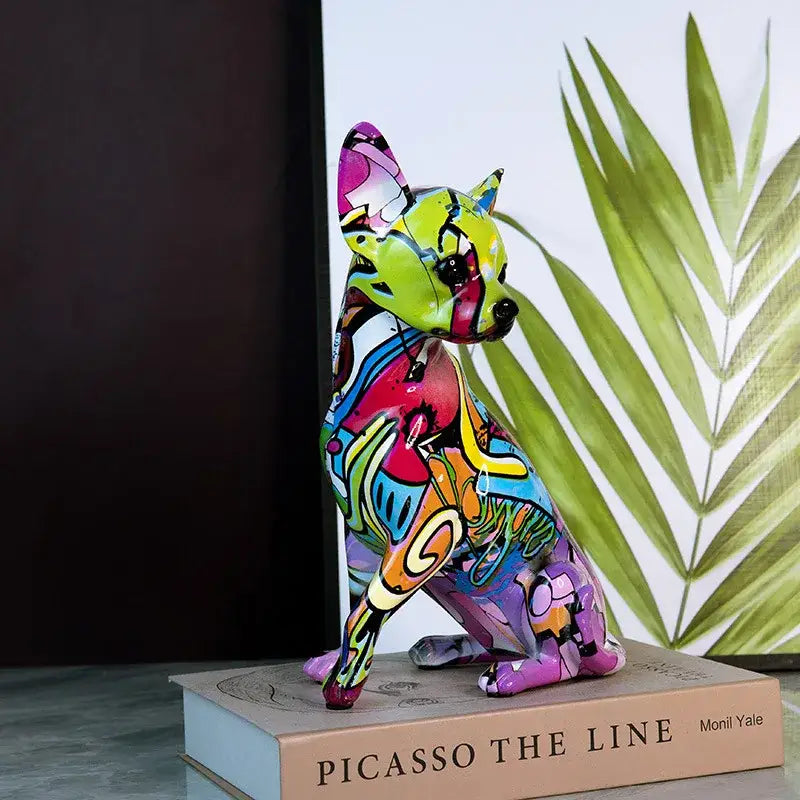 Decorbites chihuahua splash color art ceramic dog figurine with bold neon abstract patterns crafted from colorful resin