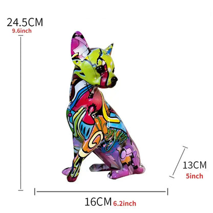 Vibrant decorbites chihuahua splash color resin statue featuring neon green pink purple and blue splash color art design