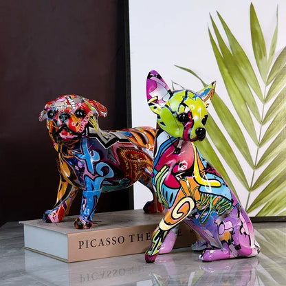 Decorbites chihuahua splash color resin statue featuring vibrant graffiti-style bold abstract designs