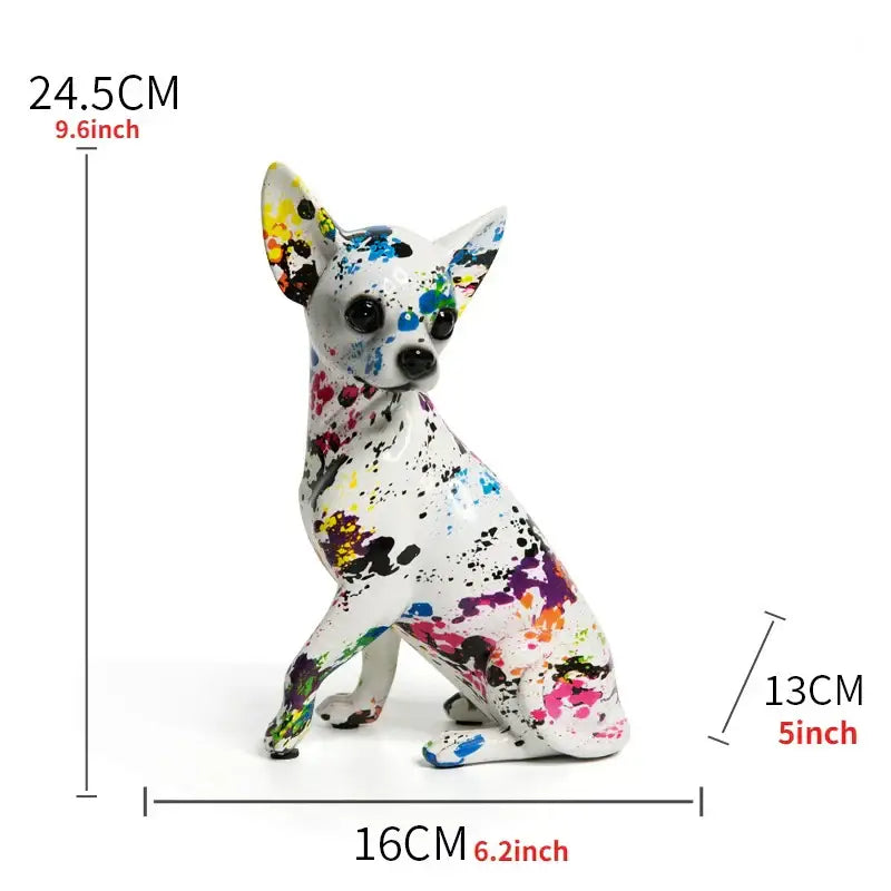 A white ceramic decorbites chihuahua splash figurine featuring vibrant multicolor splash color art resin design