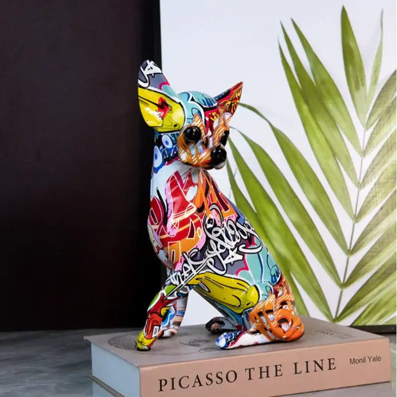 Vibrant decorbites chihuahua splash color art statue with glossy finish and bold multicolored resin paintwork