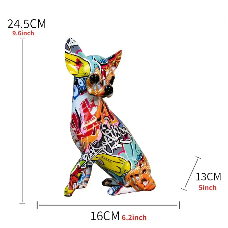 Vibrant decorbites chihuahua splash color art resin statue with bold colorful spray-paint patterns and glossy finish