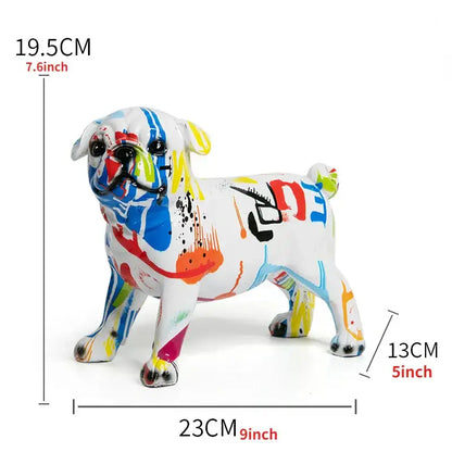 A vibrant white resin pug figurine with colorful graffiti splatters in blue red yellow and black from decorbites chihuahua splash