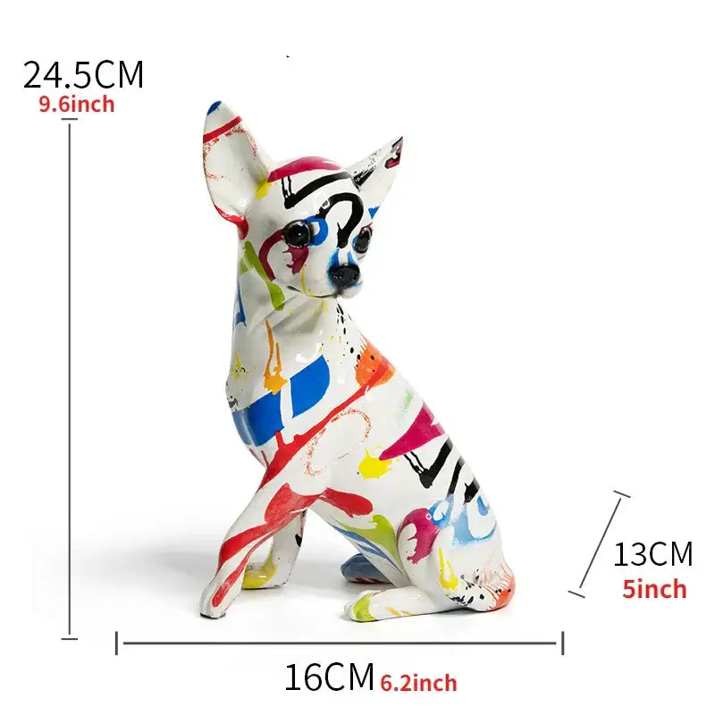 A decorbites chihuahua splash colorful resin statue featuring vibrant splash color art on a glossy white base