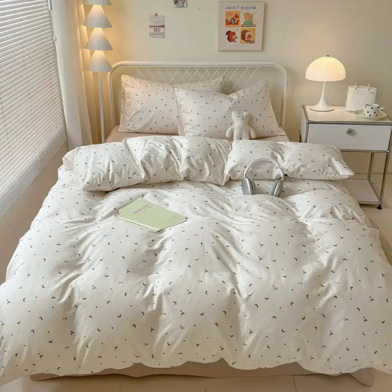 White duvet cover with small black crescent moons from DecorBites children cartoon print bedding set in double-layer yarn