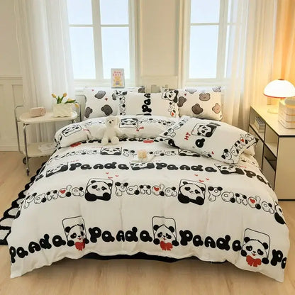 White duvet cover with black and red panda cartoon print and panda text from decorbites children cartoon bedding set
