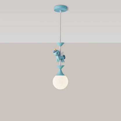 A light blue unicorn-themed decorbites™ children’s carousel led chandelier with matte finish and frosted glass bulb