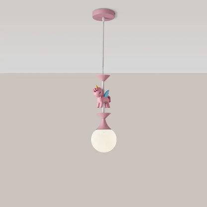 Pink unicorn-themed DecorBites™ children’s carousel led chandelier with frosted glass shade and pink plastic fixtures