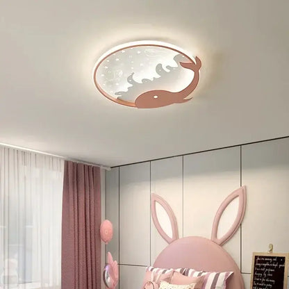 Decorbites™ children’s led ceiling lamp featuring a round design with a pink whale and starry night sky pattern
