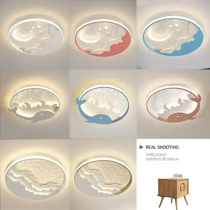 Decorbites™ children’s led ceiling lamp with whimsical moons stars whales waves in white pink blue and beige for nursery lighting