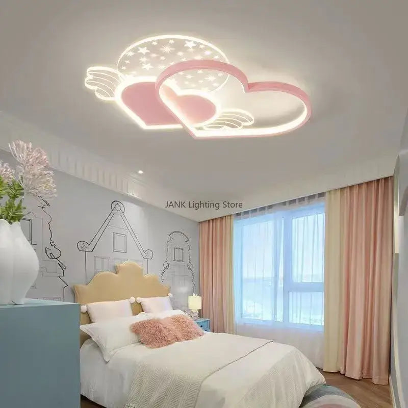 Pink heart-shaped love led chandelier with wing and star design for children’s room bedroom lighting fixture