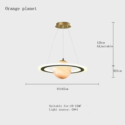 DecorBites™ children’s planet earth pendant lamp features a warm acrylic orb with illuminated rings in a pendant lamp design