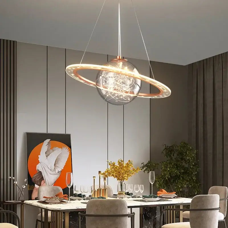 DecorBites™ children’s planet earth pendant lamp with clear glass sphere copper accents and intricate wirework design
