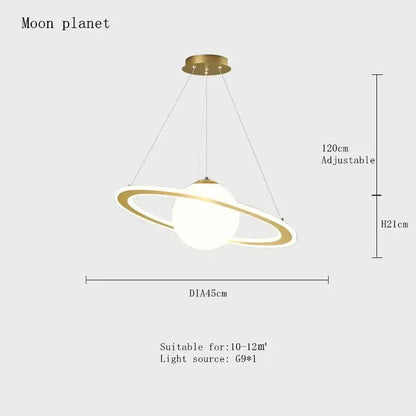 DecorBites™ gold-toned planet earth pendant lamp with white acrylic globe and ring shaped like Saturn for children’s room