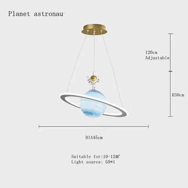 Decorbites™ children’s planet earth pendant lamp with blue acrylic earth pendant lamp and gold astronaut brass mount