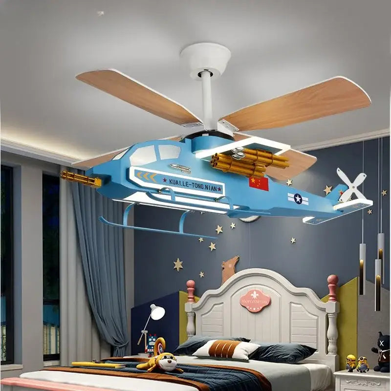 DecorBites™ children’s room airplane helicopter fan light in blue with wooden blades and gold accents fan light