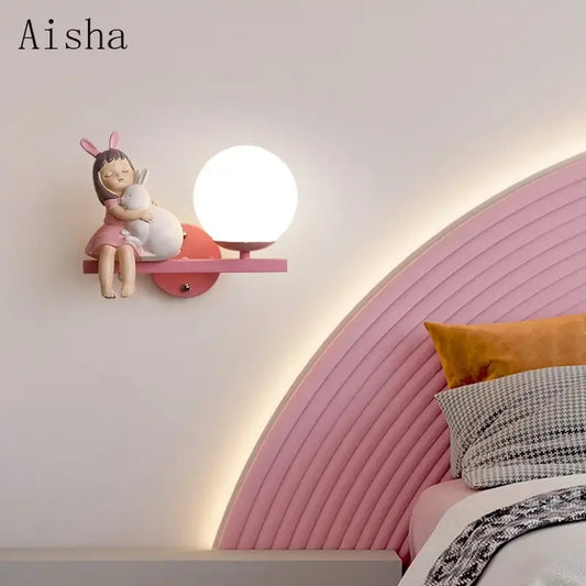 Decorbites™ pink wall lamp with spherical white light and girl hugging bunny figurine creative cartoon eye bedside lamp