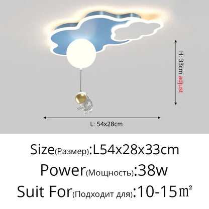 Decorbites™ children’s room ceiling chandelier light shaped like blue cloud with astronaut and dimmable glowing orb