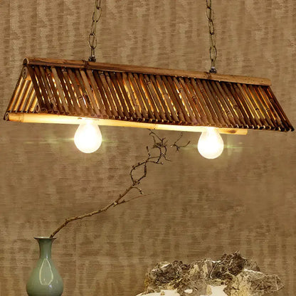Decorbites™ brown rectangular bamboo pendant lighting fixture with two exposed heads for tearoom triangular island light