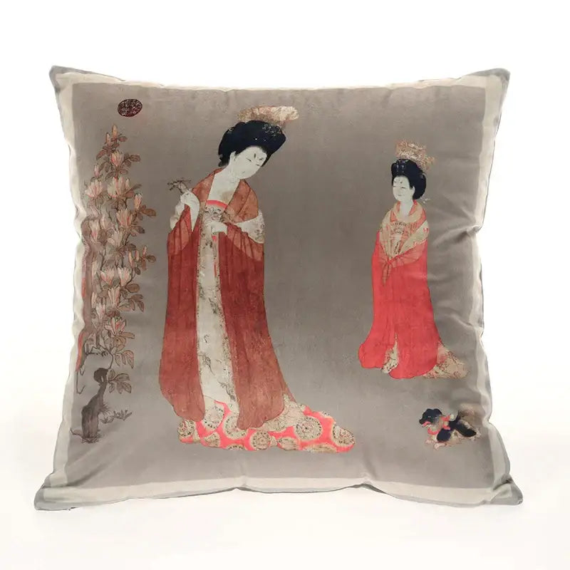 Gray velvet cushion cover featuring embroidered beauty girl luxury design of two Chinese women in red and gold robes