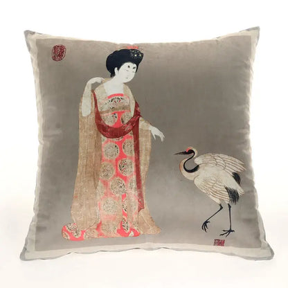 Gray velvet cushion cover with embroidered red and gold traditional japanese beauty girl luxury design for sofa