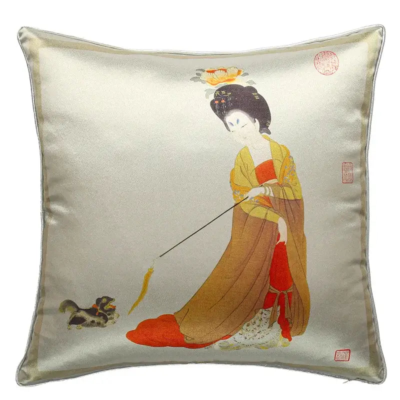 Silver satin cushion cover with embroidered Chinese beauty girl luxury design in yellow and red robes with small dog