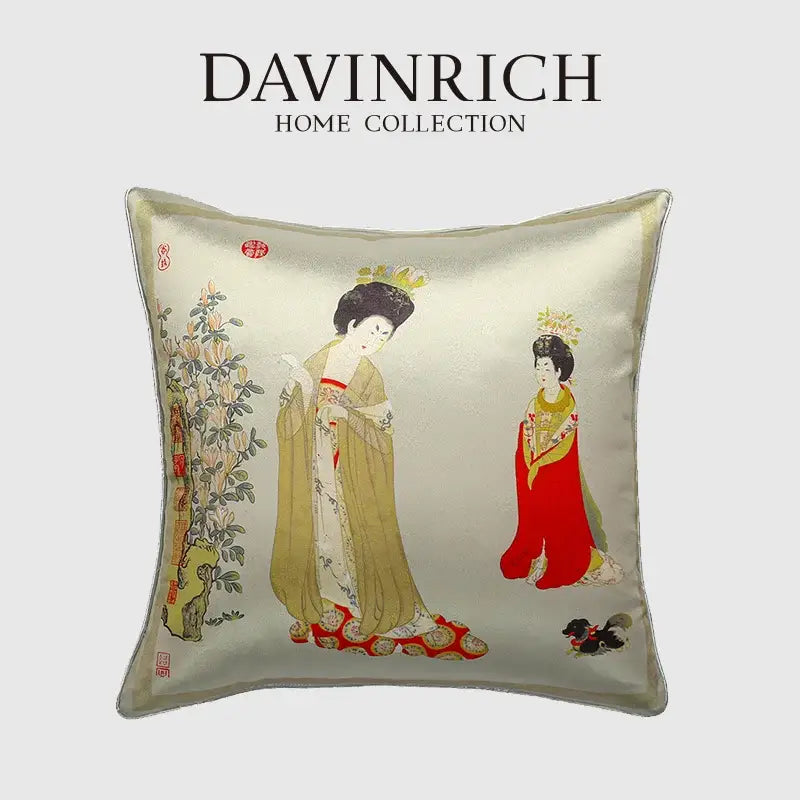 Silk cushion cover from davinrich home featuring beauty girl luxury design with two chinese women on cream background