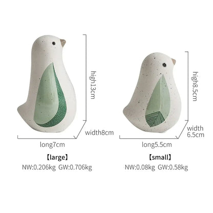 Decorbites bird figurines featuring white ceramic with speckled texture and sage green geometric wings for home decor