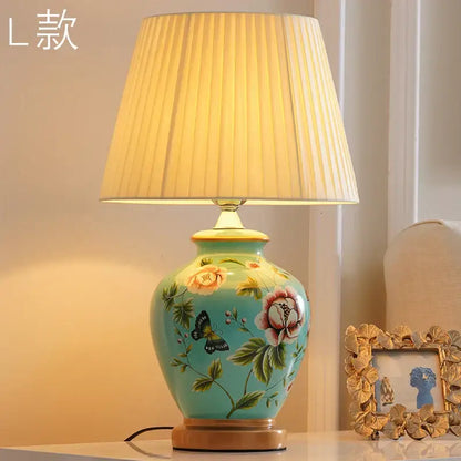 Decorbites™ turquoise bird flower ceramic table lamp with hand-painted motifs and pleated cream shade for living room
