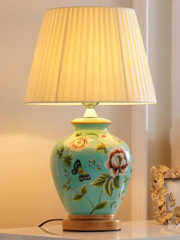 DecorBites™ turquoise bird flower ceramic table lamp with hand-painted floral motifs and pleated cream shade for bedroom