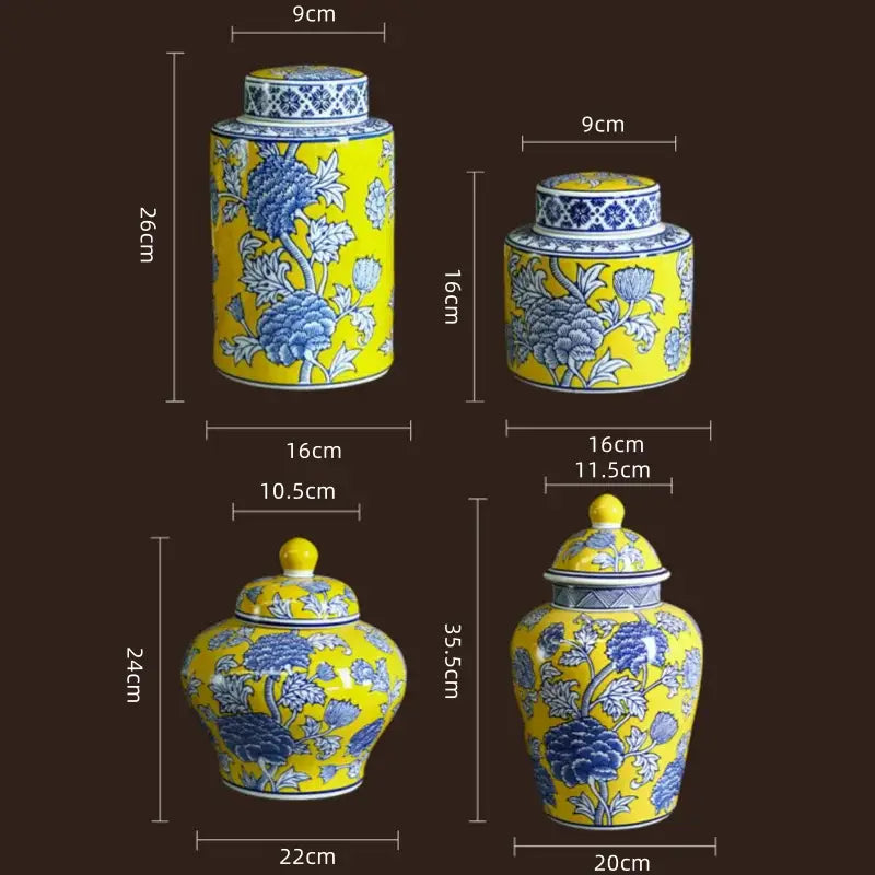 Set of four yellow and blue DecorBites Chinese blue white porcelain ginger jars with floral patterns for home decoration