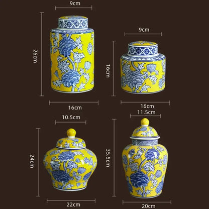 Set of four yellow and blue DecorBites Chinese blue white porcelain ginger jars with floral patterns for home decoration