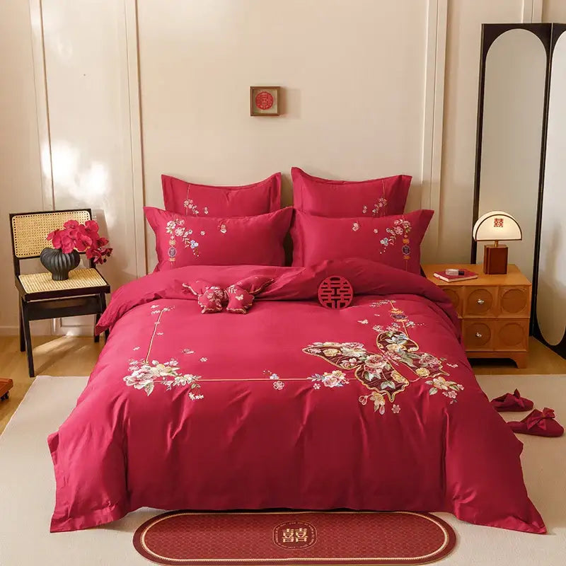 Vibrant red satin bedding set with intricate gold thread decorbites chinese butterfly flowers embroidery 1000TC cotton